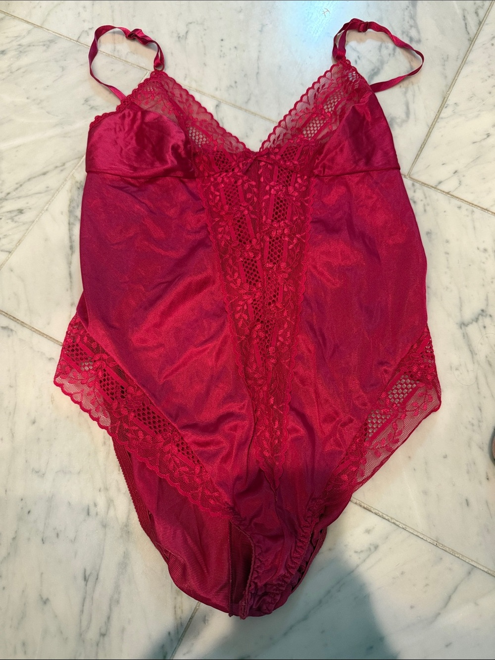 Vintage Red Lace-Trim Chemise Bodysuit